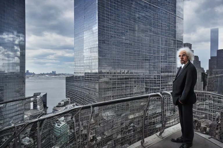 Image similar to 14mm Albert Einstein color portrait photo in World Trade Center complex, by Emmanuel Lubezki