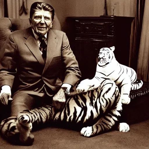 Image similar to [ ronald reagan sitting in chair with a tiger lying at his feet ]