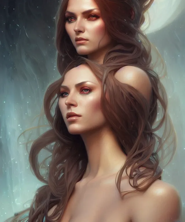 Image similar to futuristic woman portrait, sci-fi, amber eyes, face, long hair, fantasy, intricate, elegant, highly detailed, digital painting, artstation, concept art, smooth, sharp focus, illustration, art by artgerm and greg rutkowski and alphonse mucha