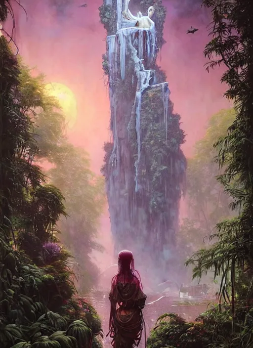 Prompt: a hyper realistic futuristic city witch shrine under a waterfall in the sunset, gorgeous lighting, lush forest foliage, painting by chiara bautista and tom bagshaw, muca beksinski and norman rockwell and greg rutkowski weta studio, and lucasfilm