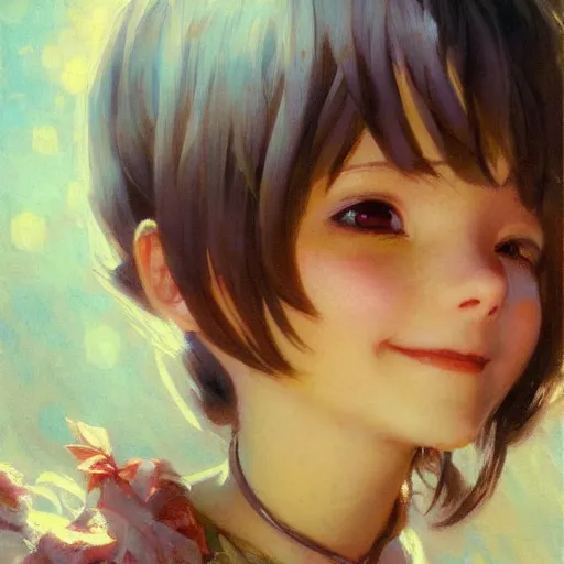 Prompt: a detailed portrait of an adorable anime girl, smile coy, wink, painting by gaston bussiere, craig mullins, j. c. leyendecker