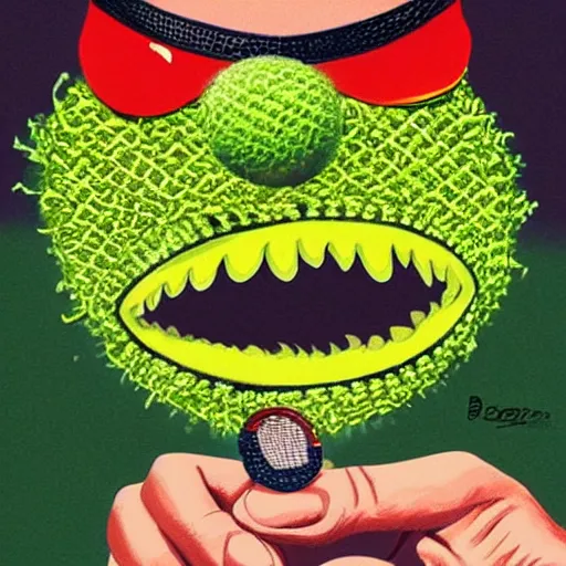 Image similar to a tennis ball monster wearing gold chain necklace smoking a blunt, digital art, fantasy, magic, trending on artstation, ultra detailed, professional illustration by Basil Gogos