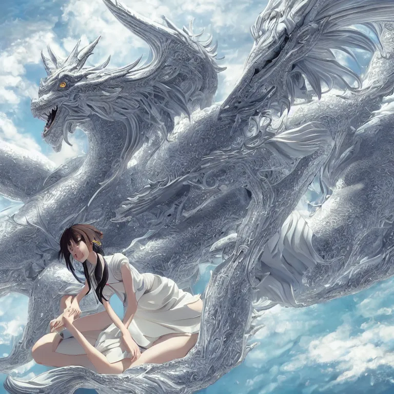 Image similar to a hyper detailed big render that beautiful princess lie on the ground be surrounded in the white clouds fairyland center by a huge silver white dragon, finely detailed angelic face, style of studio ghibli, makoto shinkai, xision, ilya kuvshinov and artgerm, kazuki tanahashi, james jean, animation style, golden curve composition, telephoto lens