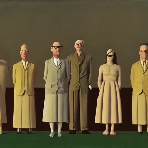 Prompt: A series of people standing, facing the camera, in rigid postures, by Grant Wood, David Hockney, Wes Anderson, ominous, moody, creepy, dramatic