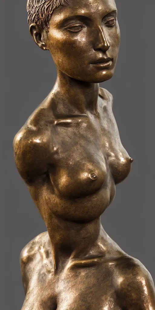 Prompt: detailed photo of an old bronze patina statue of nathalie portman, full body portrait, various classical pose, photorealism, intricate detail, museum diffuse lighting