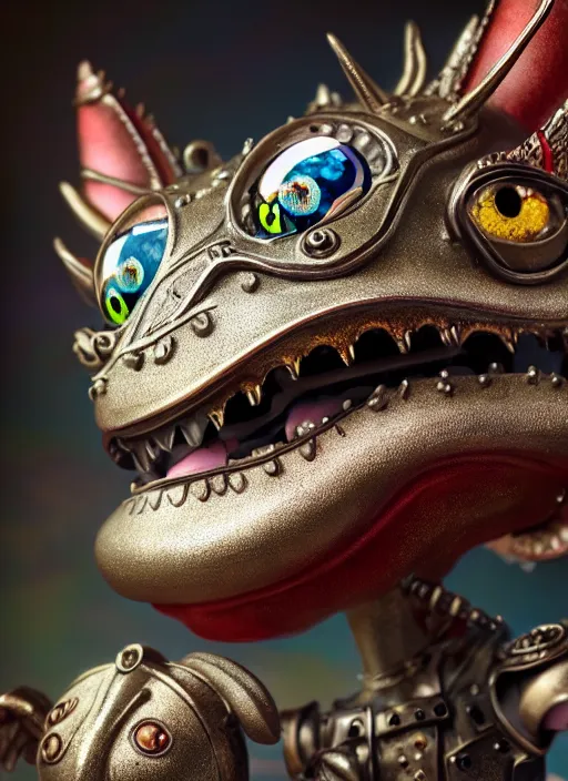 Image similar to highly detailed closeup portrait of a tin toy fairytale dragon, unreal engine, nicoletta ceccoli, mark ryden, earl norem, lostfish, hyung tae, frank frazetta, global illumination, detailed and intricate environment