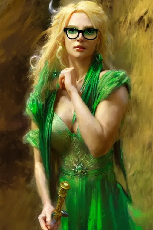 Prompt: blonde sorceress in a green dress holding a sceptre and wearing glasses portrait dnd, painting by gaston bussiere, craig mullins, greg rutkowski, yoji shinkawa