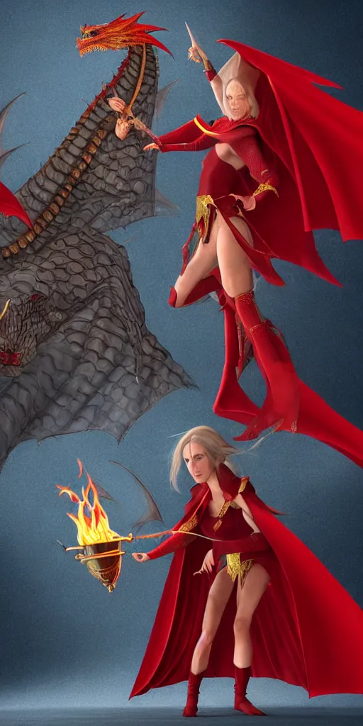 Image similar to a realistic fantasy full body illustration of a female elf mage in a scale mail and a red cape casting a fire spell in a shape of a dragon