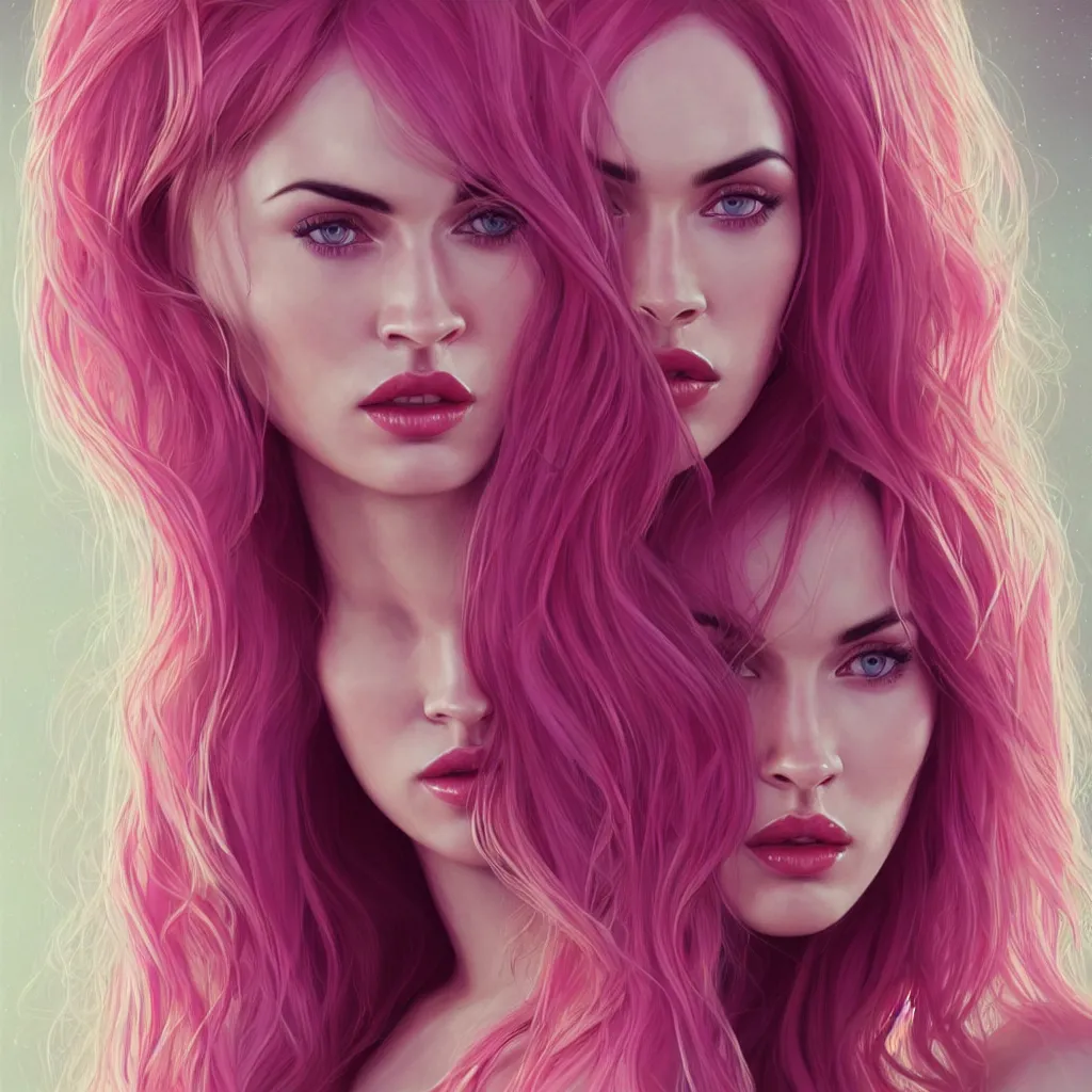 Image similar to Portrait of a beautiful pale skin Nordic female megan fox with long pink hair, elegant, photorealistic, highly detailed, artstation, smooth, sharp focus, gold ornaments, neon lighting, sci-fi, art by Klimt