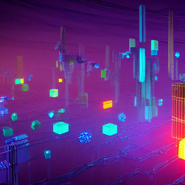 Prompt: 3 d render of glowing futuristic voxel abstract blocks tied together with chains, abstract cubes connected with wires, in the distance a cyberpunk blockchain city is seen, blockchain, symmetry, painted, intricate, volumetric lighting, beautiful, rich deep colors masterpiece, sharp focus, ultra detailed, in the style of dan mumford and marc simonetti