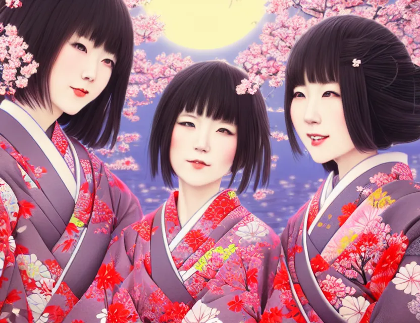 Image similar to two beautiful charming japan girls wear arty kimono in festival | | sunny night, full moon, dreamlike art, realistic shaded, smile, good looking, hyper details, 4 k realistic, cryengine, realistic shaded lighting poster by ilya kuvshinov, fuji choko, ross tran, 8 k resolution, trending on artstation, luxury