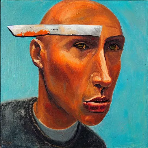 Prompt: an album cover of a man with a knife in his head, neutral expression, oil on canvas