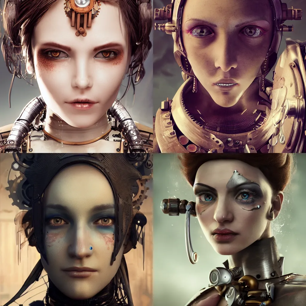 Prompt: Portrait of a beautiful steampunk female android, cracked porcelain face, steam, exposed inner gears, soulful eyes, high detail, realistic octane render