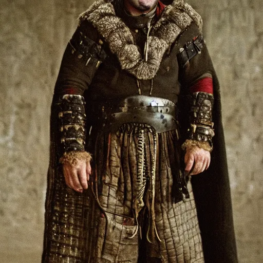 Prompt: A film still of a man wearing a dark grey quilted medieval gambeson with small metal plates woven in with tattered string and cable, also wearing a torn, worn scary made of many colors of layered linen. Full body Wide shot