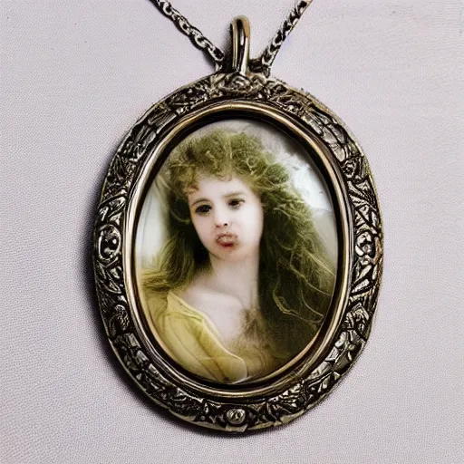 Image similar to sad old end of light, the dying rays peek through shining palace of hair; this locket a symbol of your love whose necklace frames lovingly a soft cherub face, the only beauty you wish would have left too soon to be remembered only in an idealized past. oh woe is you, no? woe is who?