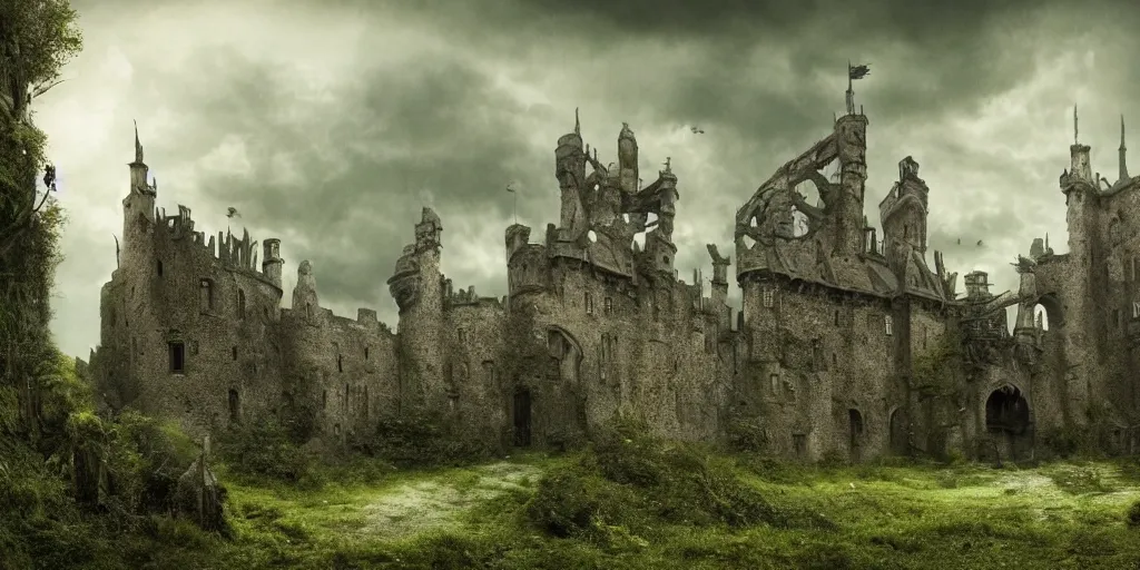 Image similar to matte painting, castle, dramatic landscape, overgrown, cinematic, overcast