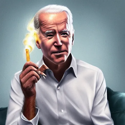 Image similar to joe biden smoking a giant smokey joint while sitting on a couch in a messed up apartment, stoned eyes, smoke, beautiful digital art, amazing detail, artstation, award winning, sharp