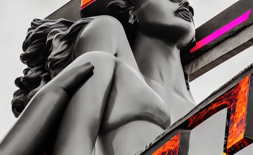 Image similar to night time photo of billboard advertisement of extremely beautiful female black marble statue in the style of virgil abloh, colorful motocross logos behind her, sharp focus, clear, detailed,, cinematic, detailed, off white, glamourous, symmetrical, vogue, editorial, fashion, magazine shoot, glossy