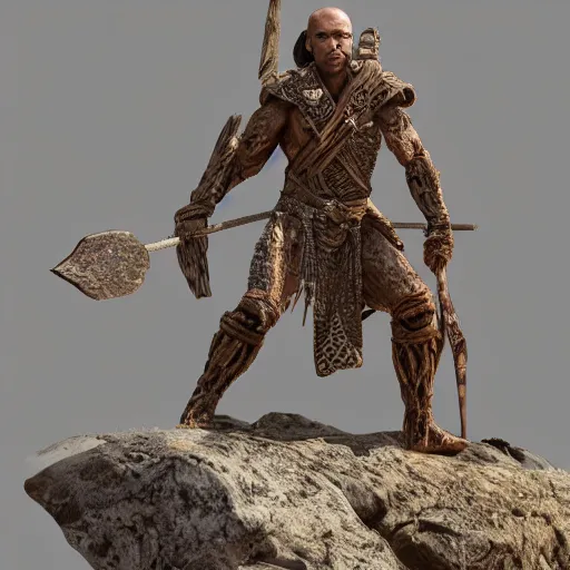 Prompt: muscular warrior with tree - bark skin wearing intricate stone and wood armor, holding halberd with laser blade, battlefield, highly detailed, dramatic lighting, cinematic, sci - fi, hyperrealistic, detailed