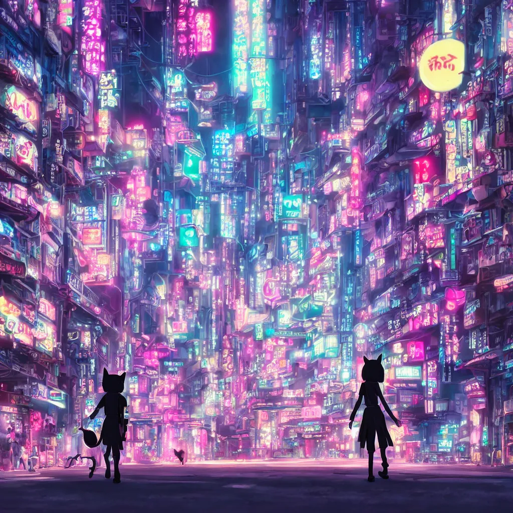 Prompt: cinematic studio ghibli shot of adorable black kitten walking through neon cyberpunk neo - tokyo, studio ghibli, hayao miyazaki, anime, detailed, 4 k, high definition