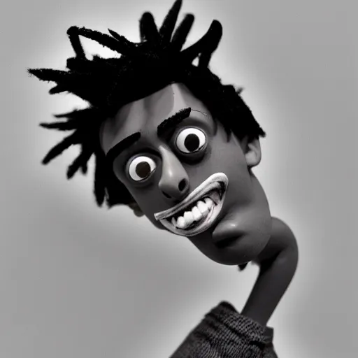 Image similar to a cartoon claymation medium close up sculpture of Playboi Carti, in the style of Tim Burton, black and white, high contrast