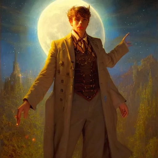 Image similar to attractive male wizard magically floating high in the night sky, fantasy, full moon in background. highly detailed painting by gaston bussiere, craig mullins, j. c. leyendecker, mid shot, 8 k