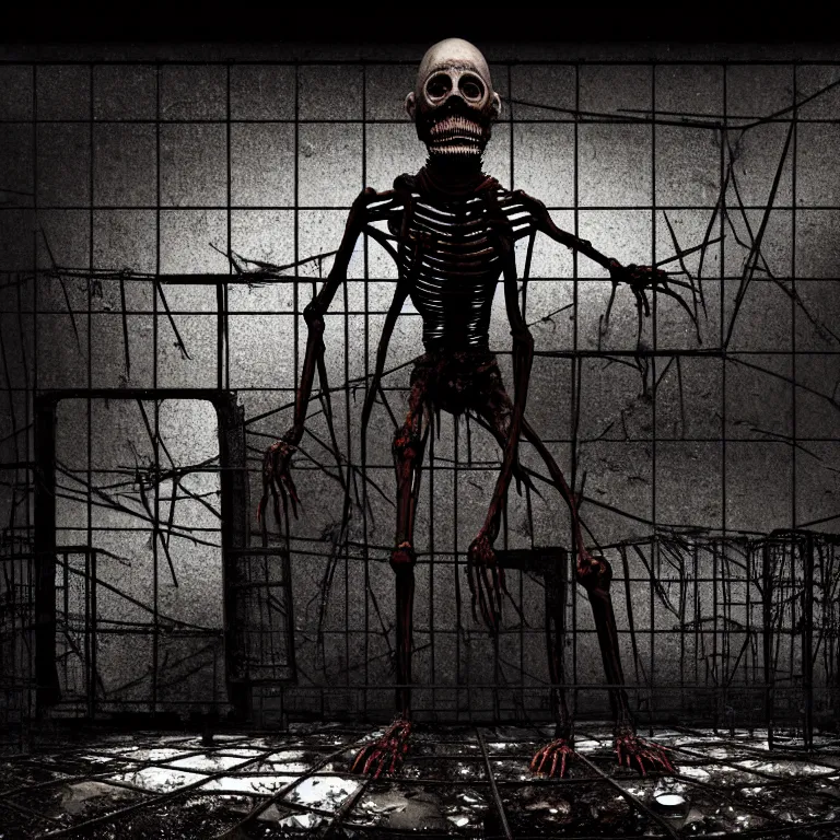 Image similar to Creepy huge suffering humanoid with long limbs sits on the floor and looks at the little old TV. An underground very dark gloomy multi-layered structure of rusty thick iron grates, dense chain-link fencing and peeling walls. Inside view, collapsed floors, bent rusted iron, masterpiece, black background, corners, cinematic, hyperdetailed, photorealistic, hyperrealism, octane render, 8k, depth of field, bokeh, architecture, shadows