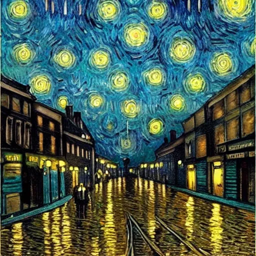 Prompt: dirty small town street with gas light and night sky in the style of van gogh