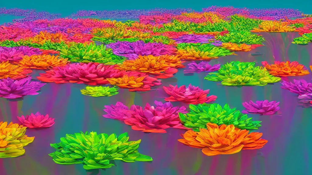 Image similar to digital illustration of a lake full of multi - colored megaflora lotus flowers by dr. seuss, reimagined by ilm and beeple : 1 | spectral color, electric color, rolling hills : 0. 9 | fantasy : 0. 9 | unreal engine, deviantart, artstation, hd, 8 k resolution : 0. 8