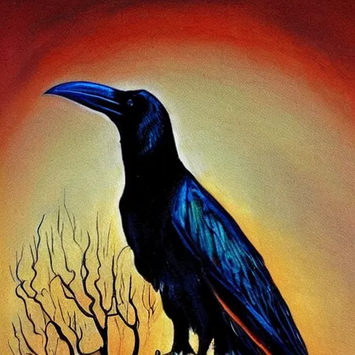 Prompt: fantasy painting of a raven by tim burton | horror themed | creepy