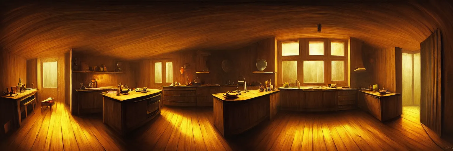 Prompt: emmo dark, volumetric lighting, fisheye, curved perspective, naive, extra narrow, wooden texture, kitchen, large floor, by rhads antoni gaudi goya, warm tones