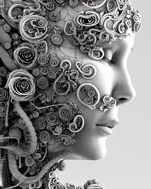 Image similar to mythical dreamy black and white organic bio-mechanical spinal ribbed profile face portrait detail of translucent steampunk beautiful siamese sisters females angelic-human-queen-vegetal-cyborg, highly detailed, intricate trnaslucent ivy jelly ornate, poetic, translucent roses ornate, 3D render, digital art, octane render, 8K artistic photography, photo-realistic, by Dora Maar