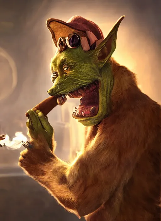 Image similar to pathfinder 2 e illustration of furry goblin smoking a cigar, unreal engine, hyper realism, realistic shading, cinematic composition, realistic render, octane render, detailed textures, photorealistic, wide shot