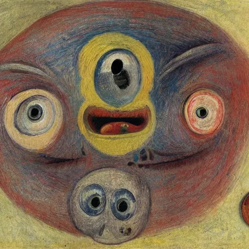 Prompt: a round head making the facial expression of a shell containing a ball made out of eyes and teeth, artwork by james ensor and odlion redon - n 9