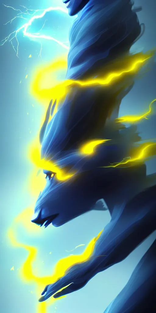 Prompt: wispy smoky full body illustration of a dark blue air elemental with yellow eyes and lightning; detailed, best on artstation, cgsociety, wlop, cosmic, epic, stunning, gorgeous, masterpiece