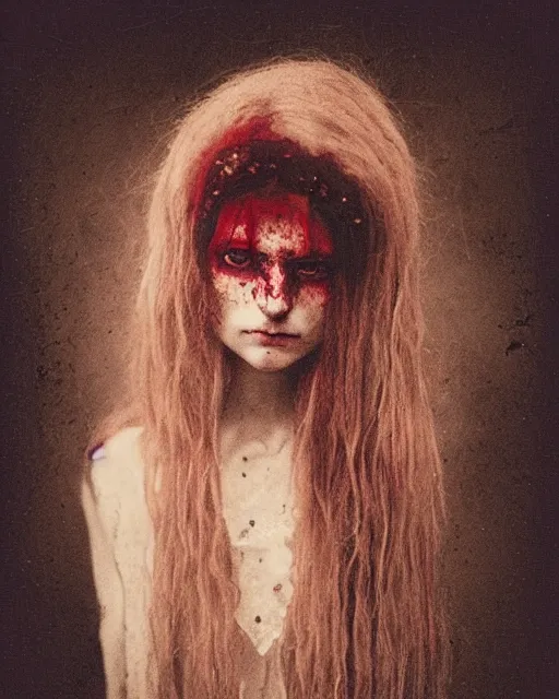 Image similar to an instant photo of a beautiful but sinister ghost in layers of fear, with haunted eyes and wild blonde hair, 1 9 7 0 s, seventies, woodlands, delicate embellishments, a little blood, crimson, painterly, offset printing technique, mary jane ansell