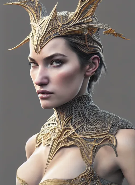 Prompt: a portrait of female in wearable sculpture art, intricate details, elegant, highly detailed, digital photography, artstation, glamor pose, concept art, smooth, sharp focus, art by artgerm and greg rutkowski, 3 d character, film, photorealistic, unreal engine