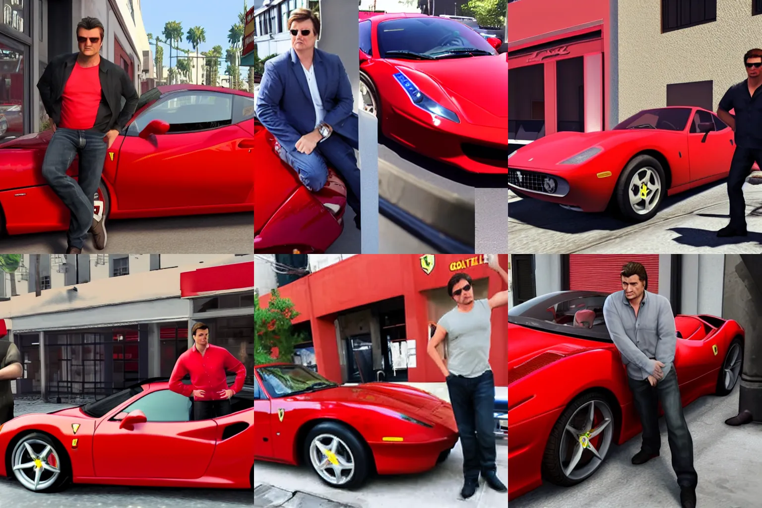 Prompt: nathan fillion leaning on a red ferrari parked in front of a upscale storefront in a GTA V loading screen