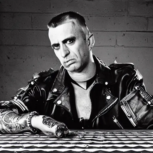 Image similar to punk rock, travis bickle has a mohawk, on a checkered floor, studio portrait
