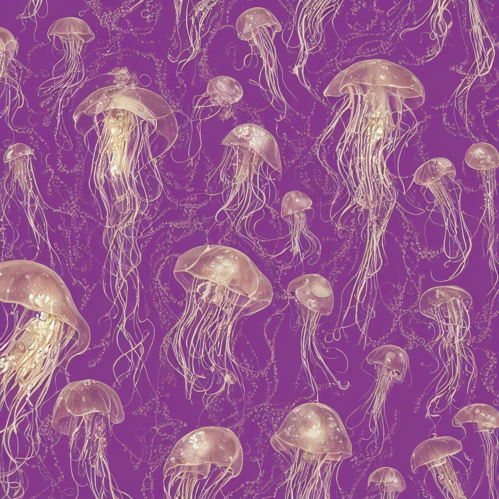 Prompt: purple dress design in the style of rococo ,Victorian era，jellyfish element,Gold roselace,dreamy, soft ,Backlight ,luminescence，Aetherpunk,highly detailed,8k