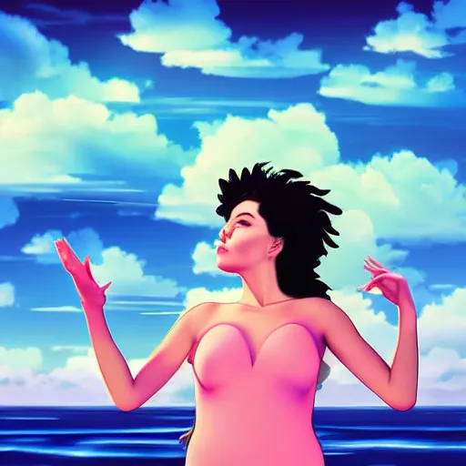 Prompt: beautiful vaporwave woman pondering the clouds on a beach, big clouds, beautiful day, digital art, illustration