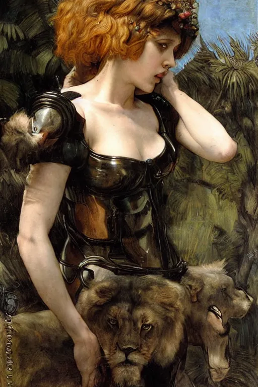 Prompt: scarlett johansson as a lion tamer by edgar maxence and caravaggio and michael whelan and delacroix