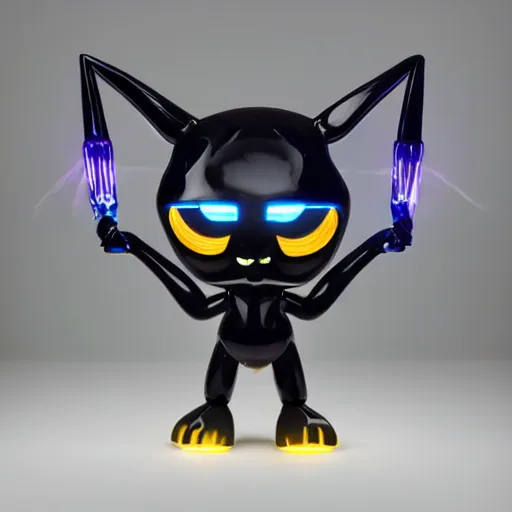 Prompt: a highly detailed vinyl figure with lighting bolts coming out of its eyes it is pointing to the right, RGB smile, square nose, electric eyes, sparking eyes, realistic lighting, realistic reflections, surprise, shocking