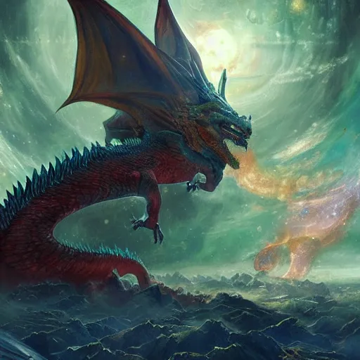 Prompt: prompt dragon in space devouring a planet, sun system, nebula, oil painting, by Fernanda Suarez and and Edgar Maxence and greg rutkowski