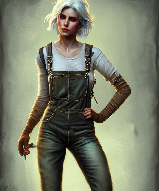 Image similar to full body pose, grungy ciri, overalls, combat boots, beautiful, highly detailed face, true anatomy!, extremely detailed!, digital painting, unreal engine 5, art by tom bagshaw