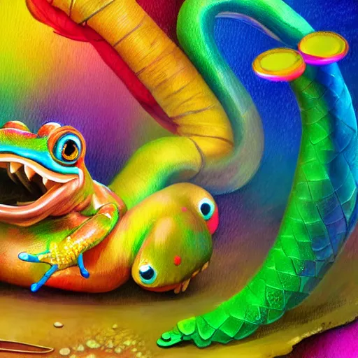 Image similar to toad with wings and rainbow snake and golden lizard, dance, dance, artstation, concept art, master illustration, details, good clear quality, fun - w 704