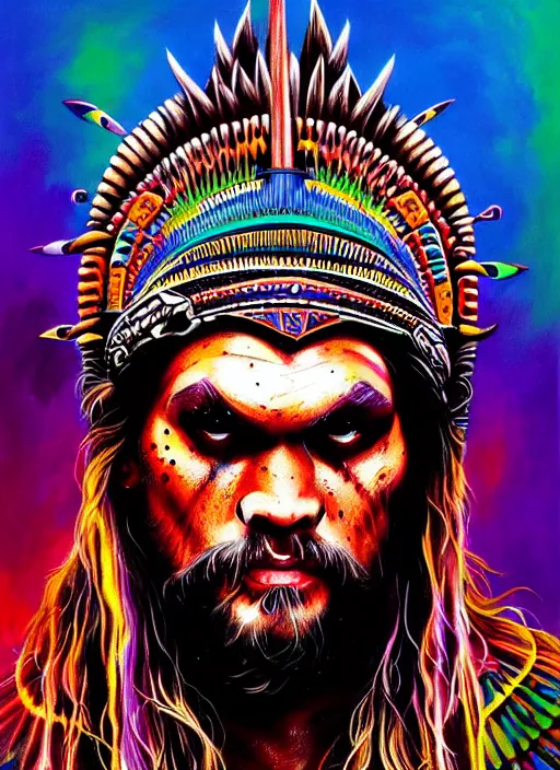 Image similar to portrait of jason momoa, hyper detailed ultra sharp aztec shaman warrior. trending on artstation, warpaint aesthetic, bloodwave, colorful, psychedelic, ornate, intricate, digital painting, concept art, smooth, sharp focus, illustration, art by artgerm and greg rutkowski and h. r. giger, 8 k