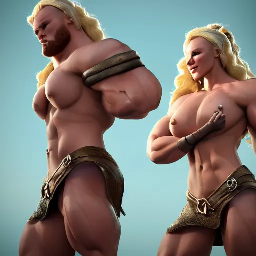 Image similar to a handsome bodybuilder viking girl with blond hair, clash royal style characters, unreal engine 5, octane render, detailed, cinematografic, cinema 4 d