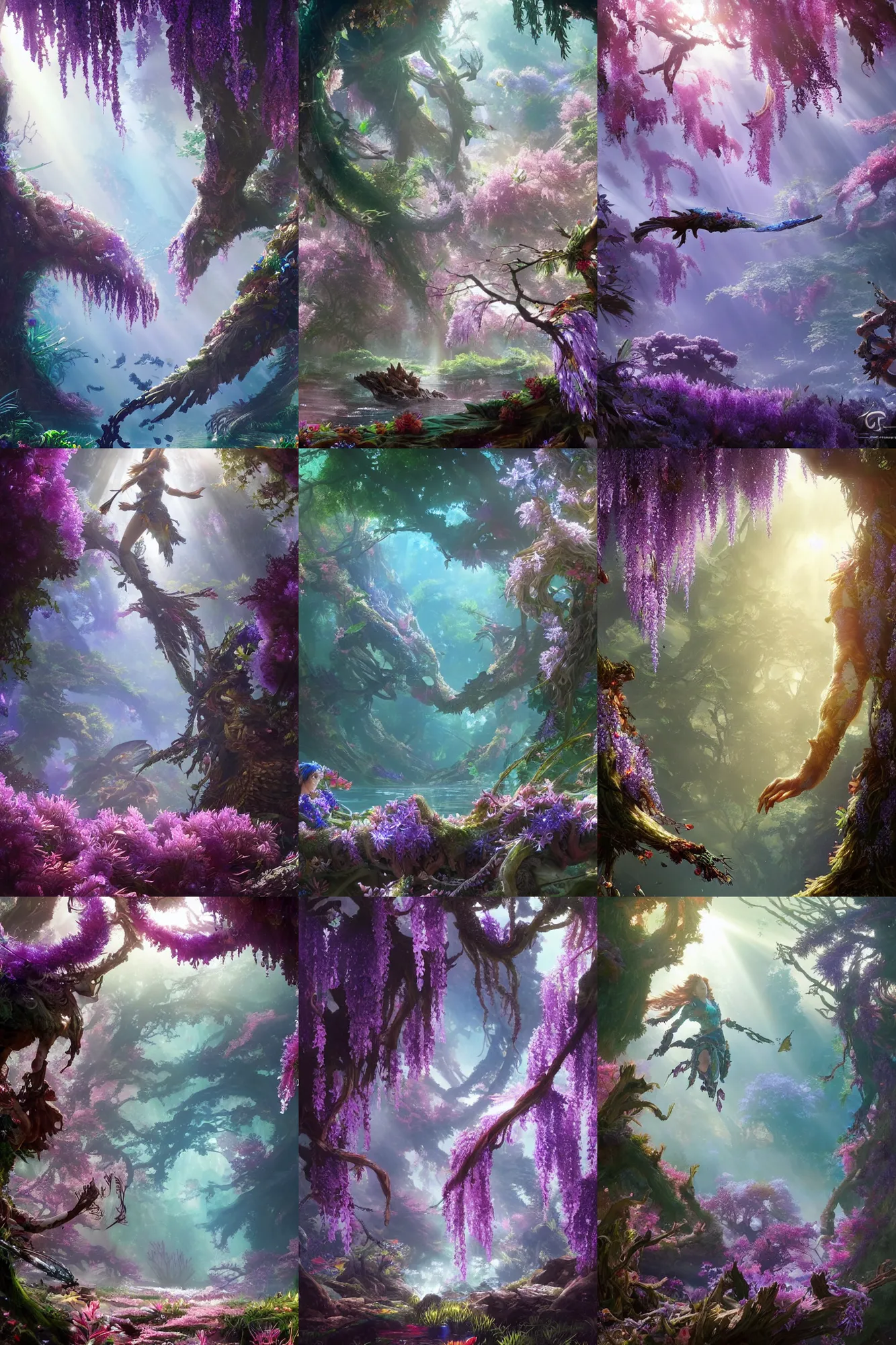 Prompt: a cherry tree and wisteria forest underwater in horizon zero dawn 2, rainbow corals and foliage, god rays, d & d, fantasy, intricate, elegant, highly detailed, digital painting, artstation, concept art, matte, sharp focus, illustration, hearthstone, art by bouguereau and greg rutkowski and ruan jia and conrad roset and bierstadt.