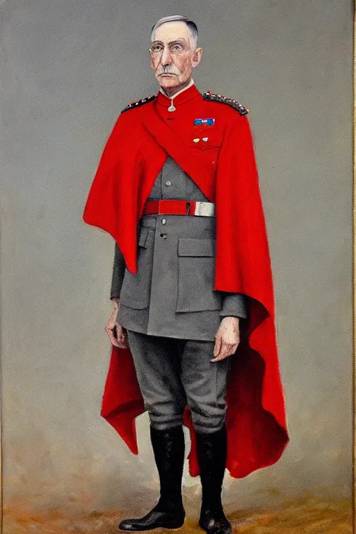 Prompt: ww 1 general wearing drab grey uniform, long red heroic cape on his back, oil on canvas